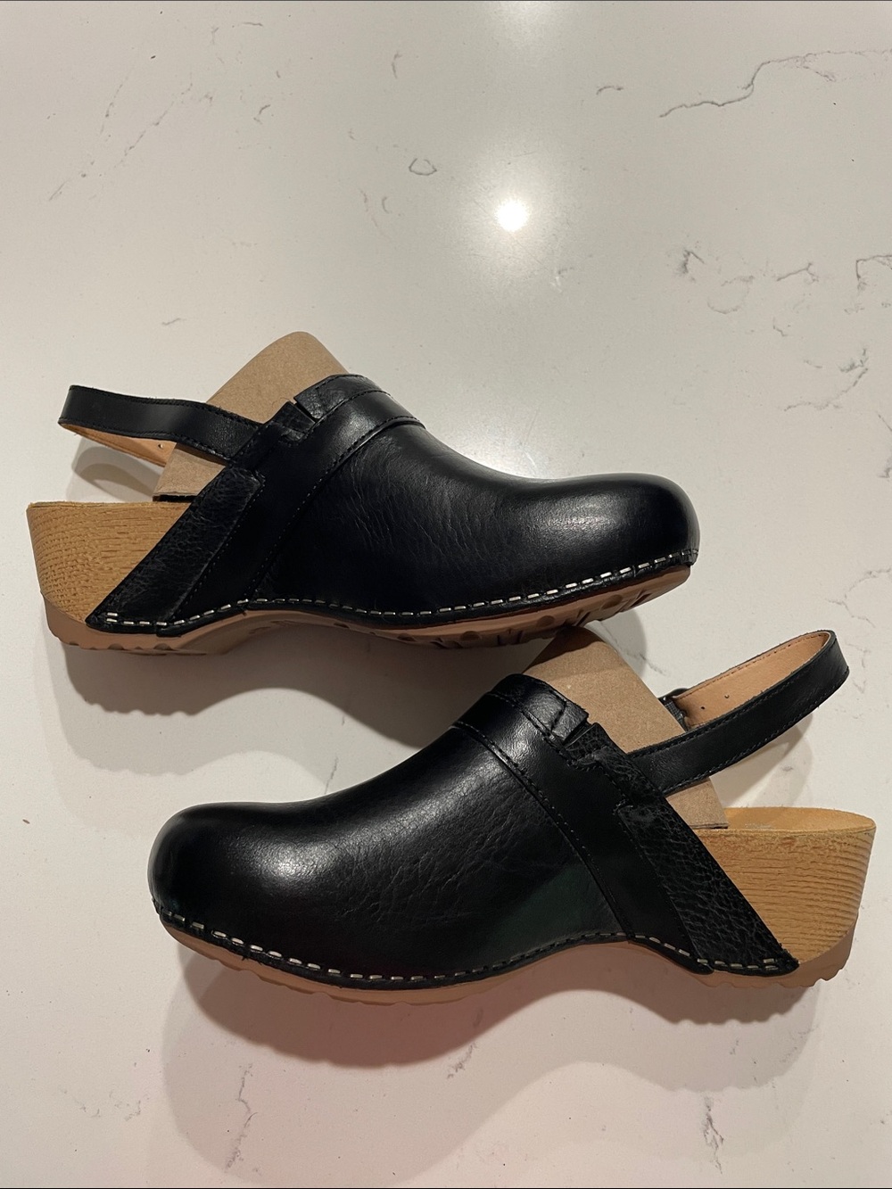 Dansko Black Leather Slingback Clogs with Tan Wood-Look Heel